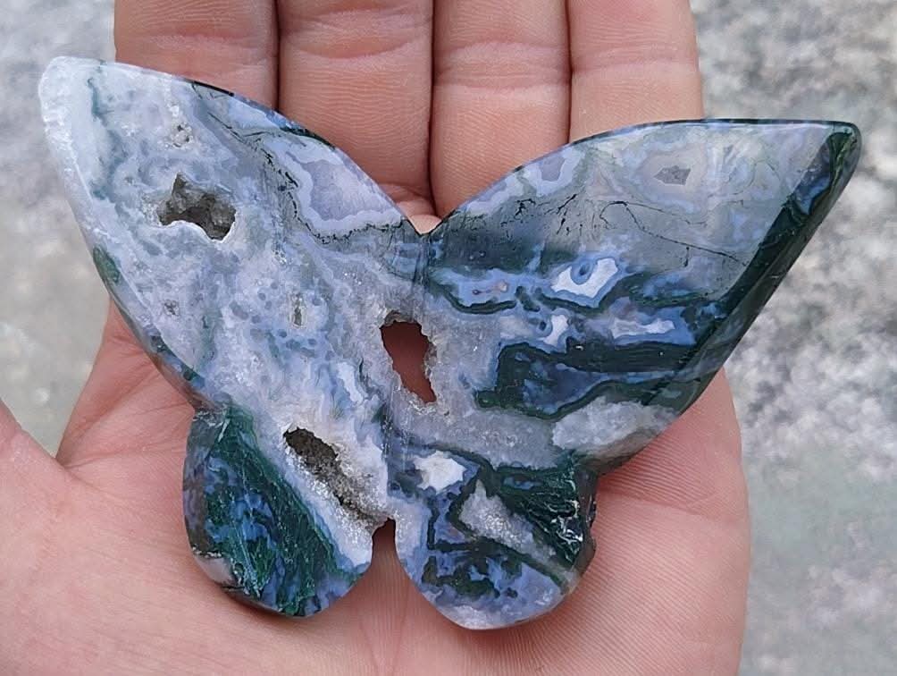 Papillon en mousse agate avec druzy.