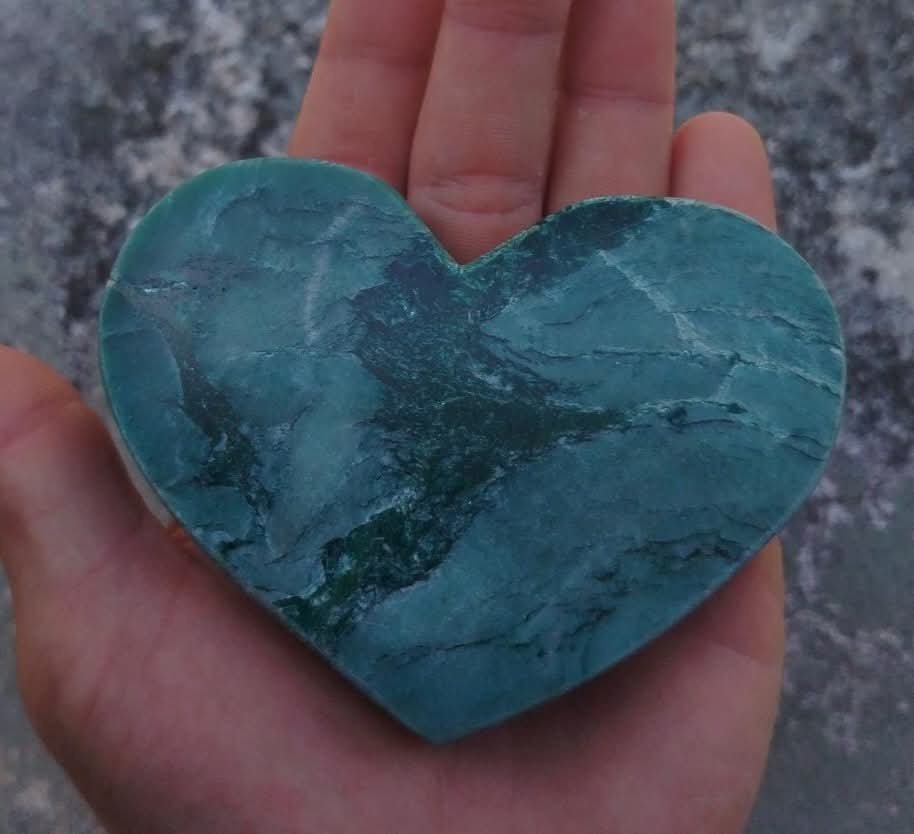 Heart in green mica stone (or Fuchsite, Chrome Mica, Green Muscovite).